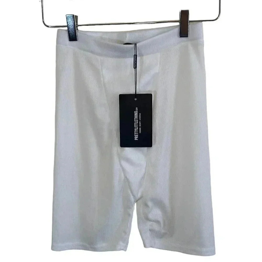 2/$30 NWT PRETTYLITTLETHING Cream Ribbed Biker Cycle Elastic Waist Shorts Sz 4